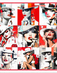 Collage of beautiful women wearing top hats in tough girl poses in Pop / Art Deco style - red and white