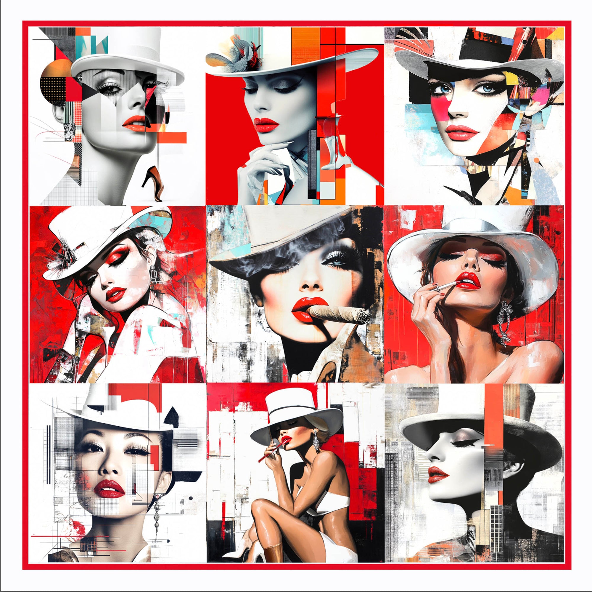 Collage of beautiful women wearing top hats in tough girl poses in Pop / Art Deco style - red and white